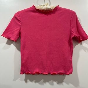 Hot pink crop tee Zara Trafaluc orange lettuce edge contrast stitch